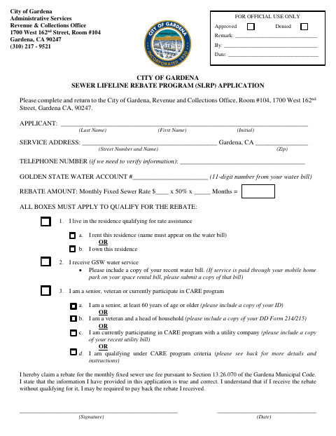 First page of the Sewer Lifeline Rebate Program Application