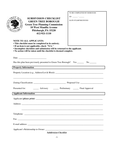 First page of the Subdivision Checklist