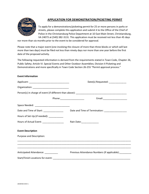 First page of the Application for Demonstration/Picketing Permit