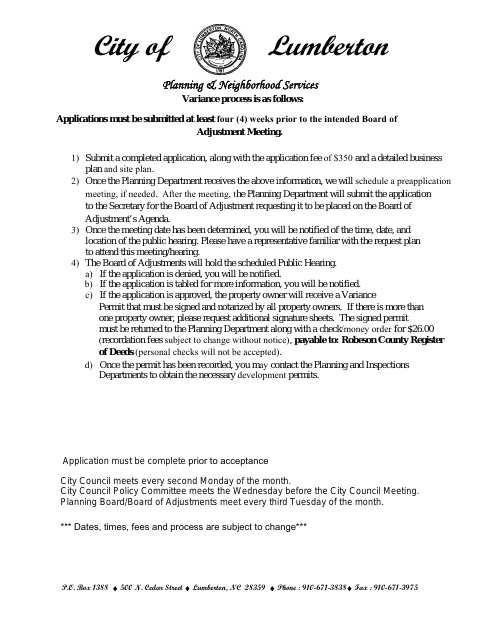 First page of the Variance Application