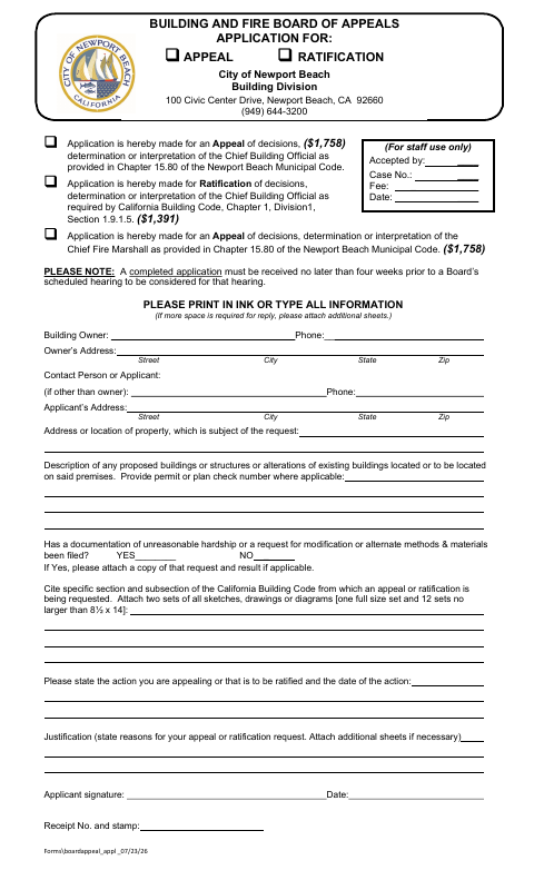 First page of the Building And Fire Board Of Appeals Application