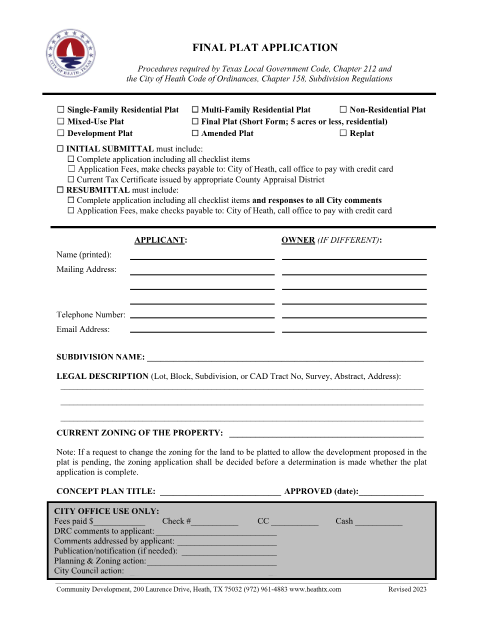 First page of the Final Plat Application