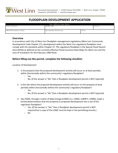 First page of the Floodplain Development Application