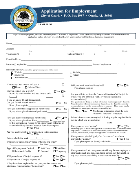 First page of the Employment Application and Release Waiver