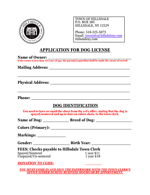 First page of the Application for Dog License