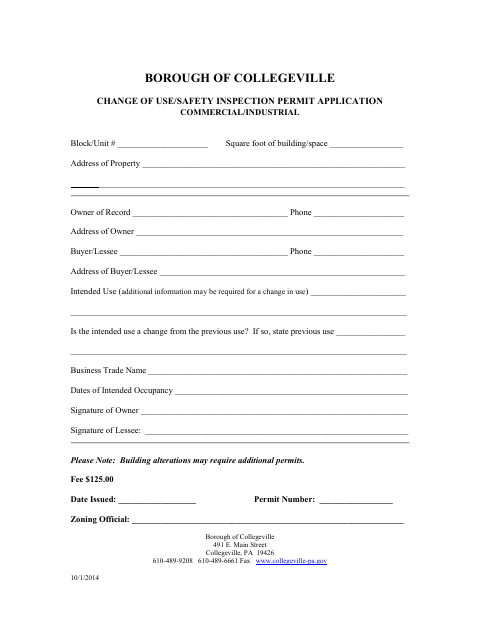 First page of the Change of Use/Safety Inspection Permit Application Commercial/Industrial