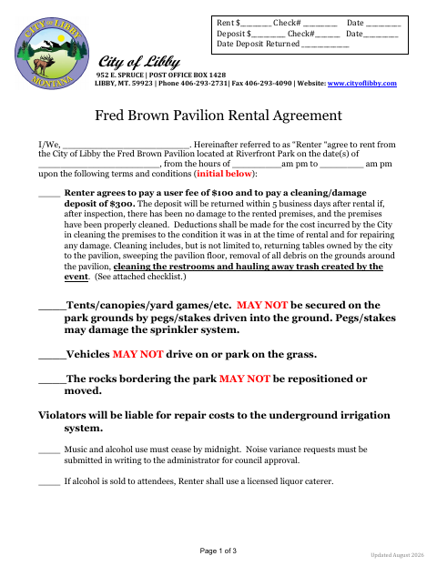 First page of the Fred Brown Pavilion Rental Agreement
