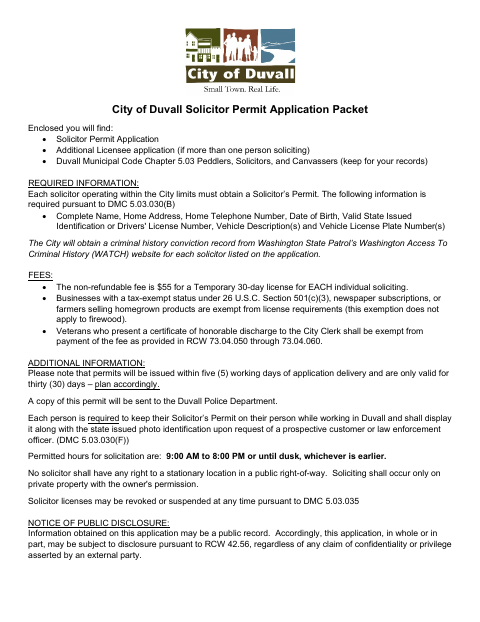 First page of the Solicitor Permit Application Packet