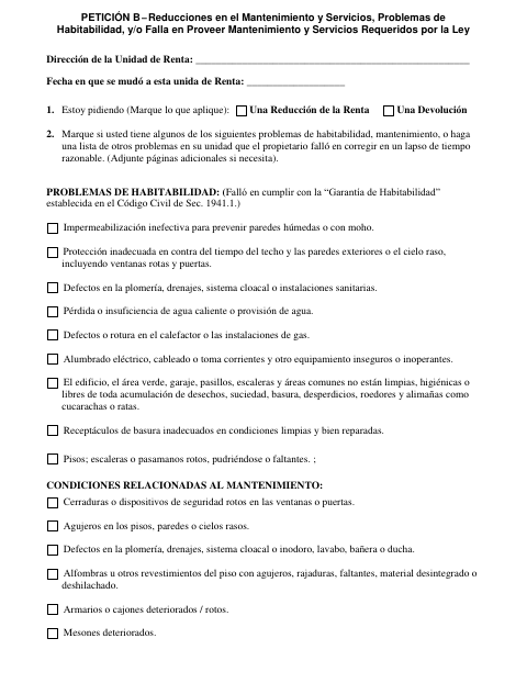 First page of the Petición B – Reducciones en el Mantenimiento y Servicios, Problemas de Habitabilidad y/o Falla en Proveer Mantenimiento y Servicios Requeridos por la Ley