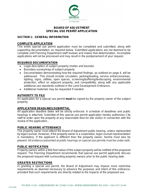 First page of the Board of Adjustment Special Use Permit Application