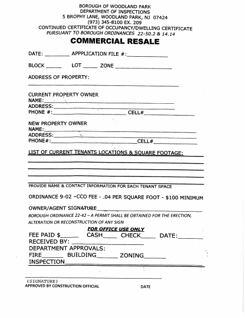 First page of the Commercial Resale Application