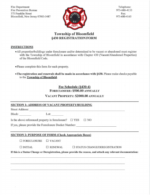 First page of the Vacant Property Registration Form