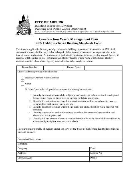 First page of the Construction Waste Management Plan