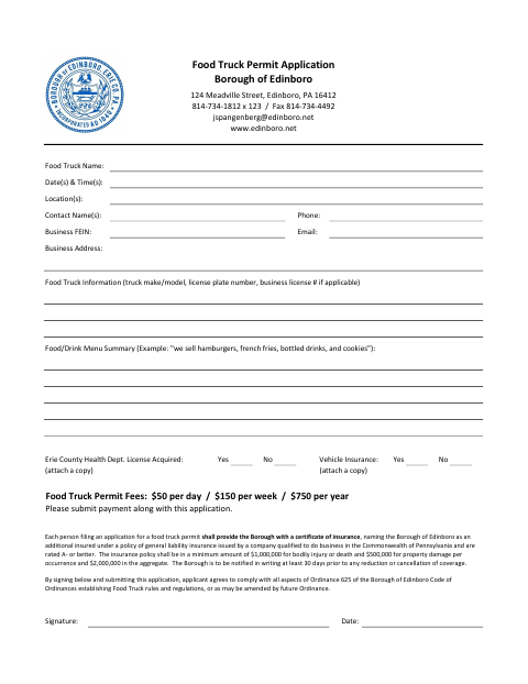 First page of the Food Truck Permit Application