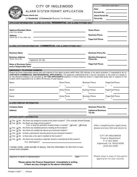 First page of the Alarm System Permit Application