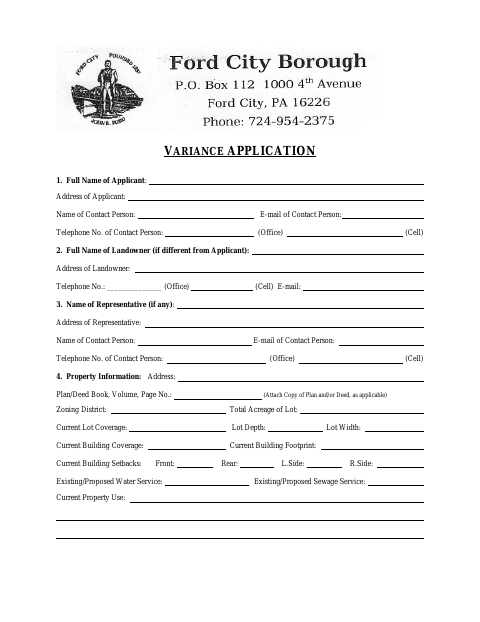 First page of the Zoning Hearing Board Variance Application