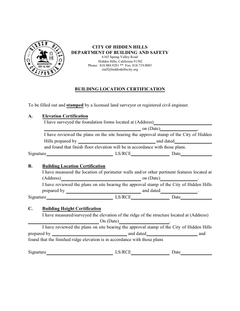 First page of the Building Location Certification