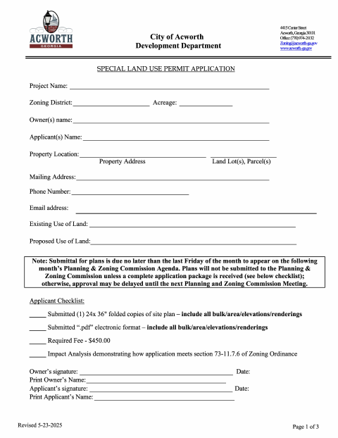 First page of the Special Land Use Permit Application
