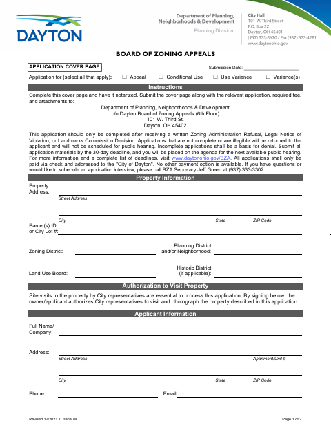 First page of the Board of Zoning Appeals Application Cover Page