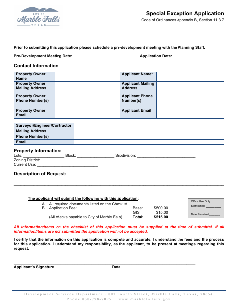 First page of the Special Exception Application