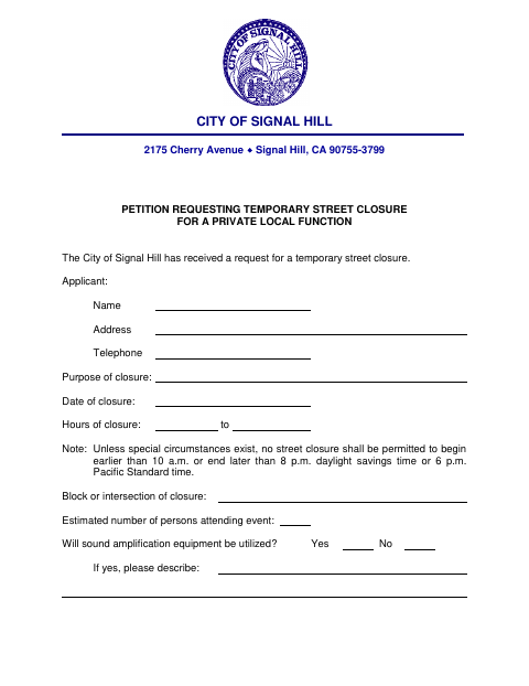 First page of the Petition Requesting Temporary Street Closure for a Private Local Function