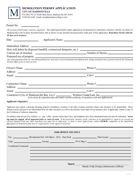 First page of the Demolition Permit Application and Affidavit