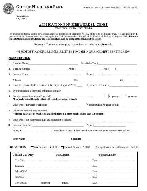 First page of the Application for Fireworks License