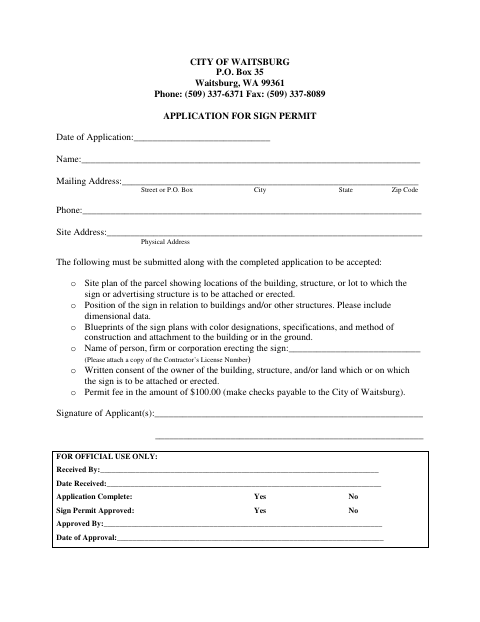 First page of the Application for Sign Permit