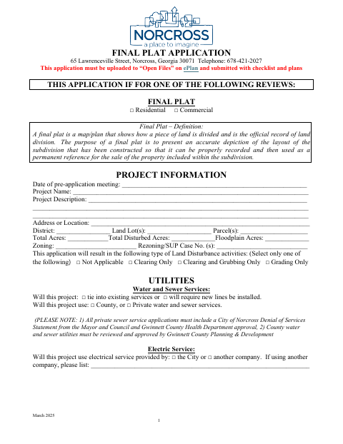 First page of the Final Plat Application