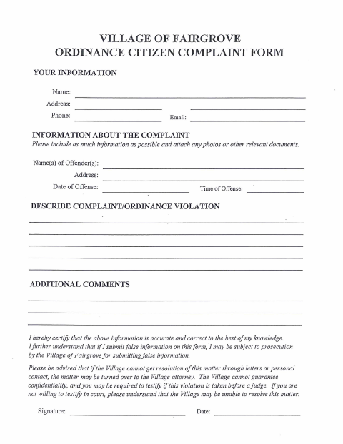 First page of the Ordinance Citizen Complaint Form
