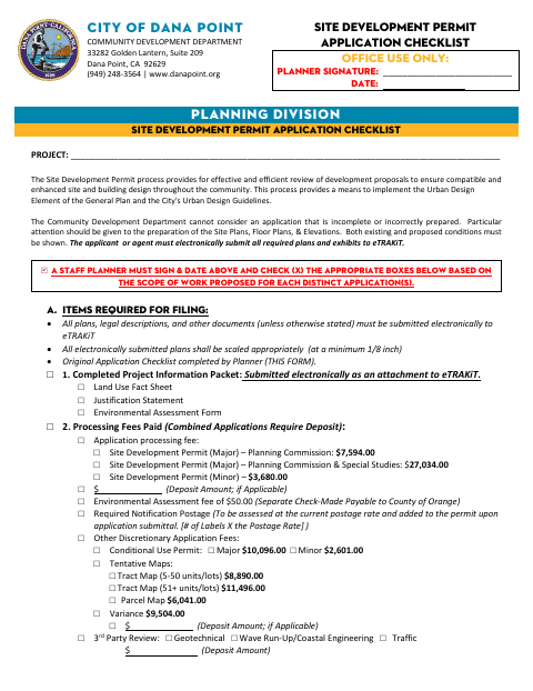 First page of the Site Development Permit Application Checklist
