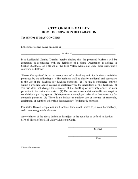 First page of the Home Occupation Declaration