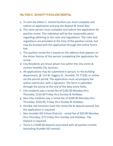 First page of the Hilton C. Schott Pavilion Rental Application
