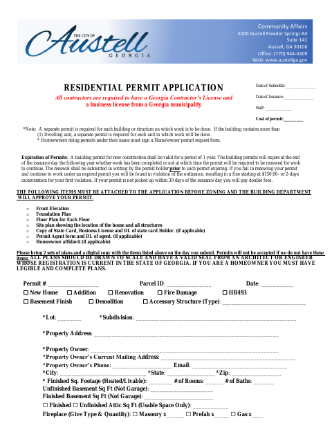First page of the Residential Building Permit Application