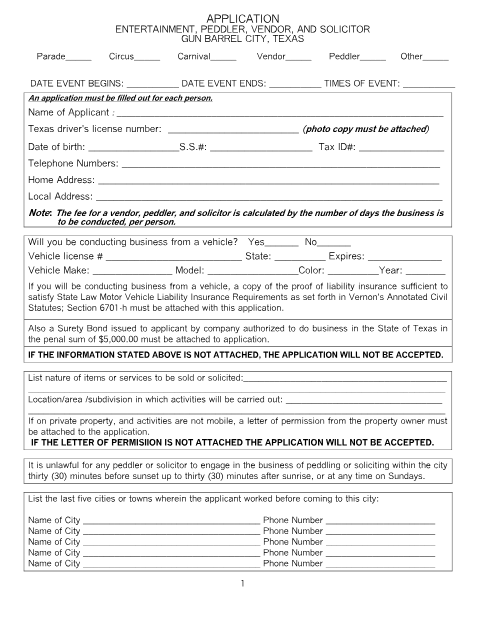 First page of the Entertainment, Peddler, Vendor, and Solicitor Application
