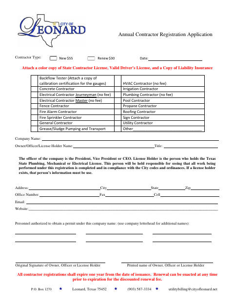 First page of the Annual Contractor Registration Application