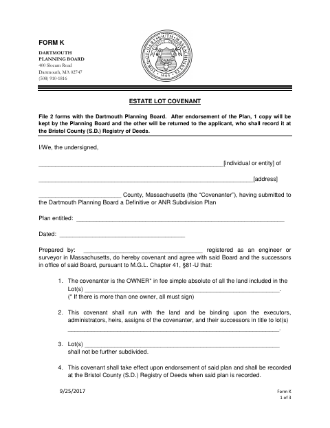 First page of the Estate Lot Covenant
