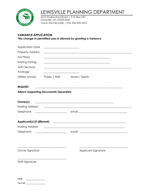 First page of the Variance Application
