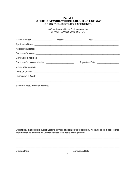 First page of the Permit to Perform Work Within Public Right-of-Way or on Public Utility Easements