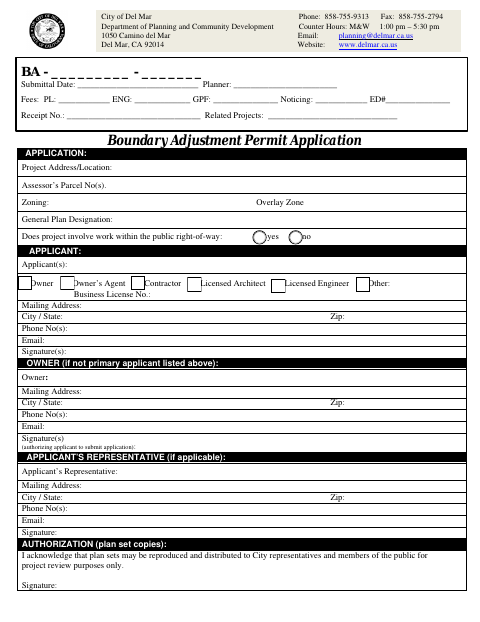 First page of the Boundary Adjustment Permit Application