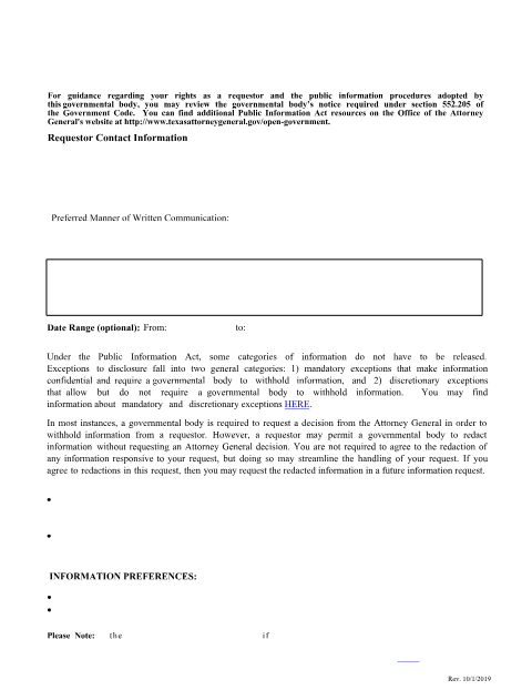 First page of the Texas Public Information Act Information Request Form