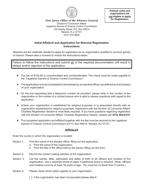 First page of the Initial Affidavit and Application for Biennial Registration