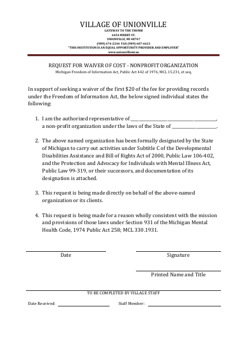 First page of the Request for Waiver of Cost – Nonprofit Organization