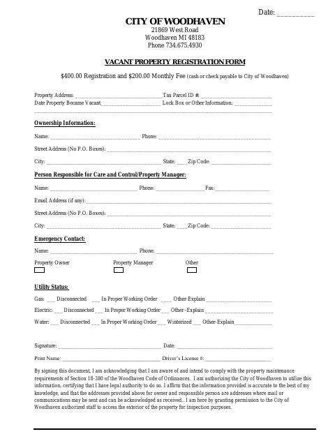 First page of the Vacant Property Registration Form
