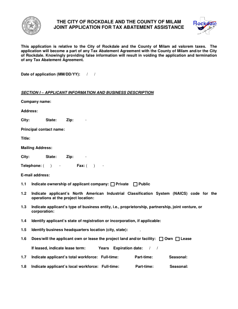 First page of the Joint Application for Tax Abatement Assistance