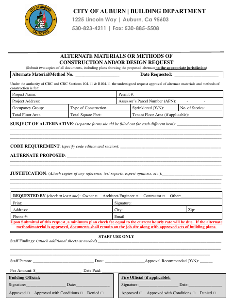 First page of the Alternate Materials or Methods of Construction and/or Design Request
