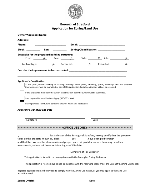 First page of the Application for Zoning/Land Use