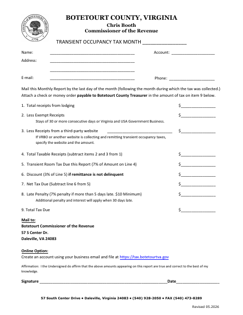 First page of the Transient Occupancy Tax Monthly Report