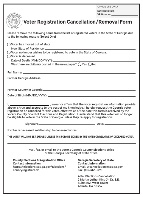 First page of the Voter Registration Cancellation/Removal Form