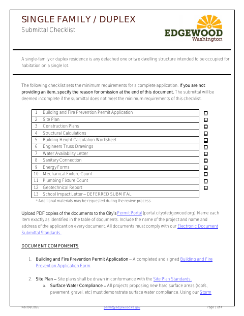 First page of the Single Family / Duplex Submittal Checklist